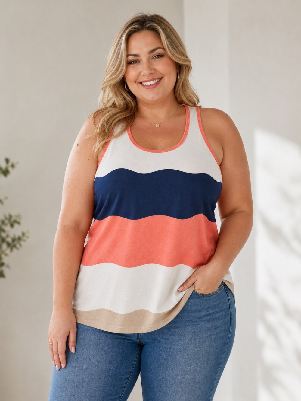Ashley Blue Knit Collection Wave Stripe Racerback Tank Top – Coral/Navy/Cream